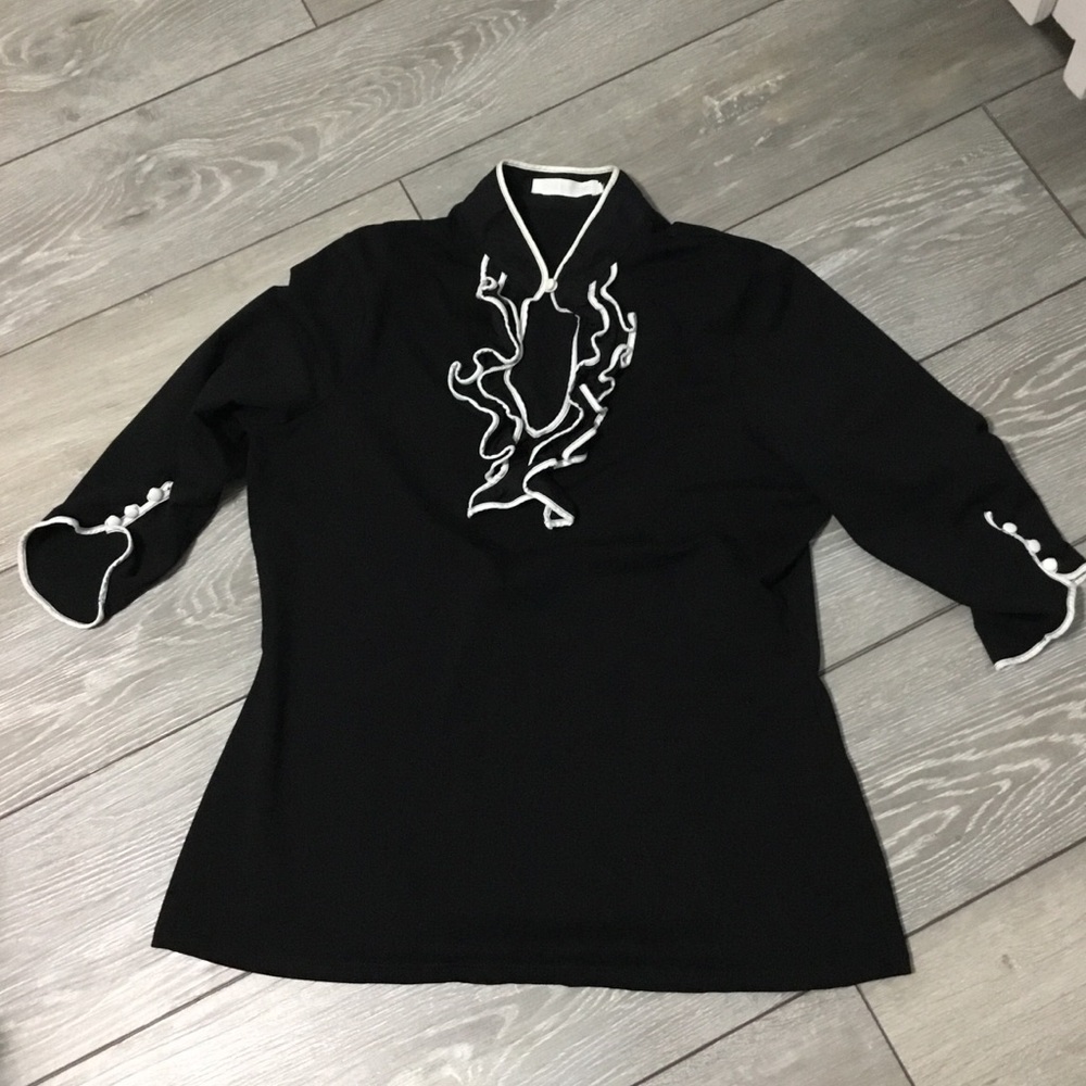 Anne Fontaine Nikita Black White Ruffle Keyhole Chest Top size M